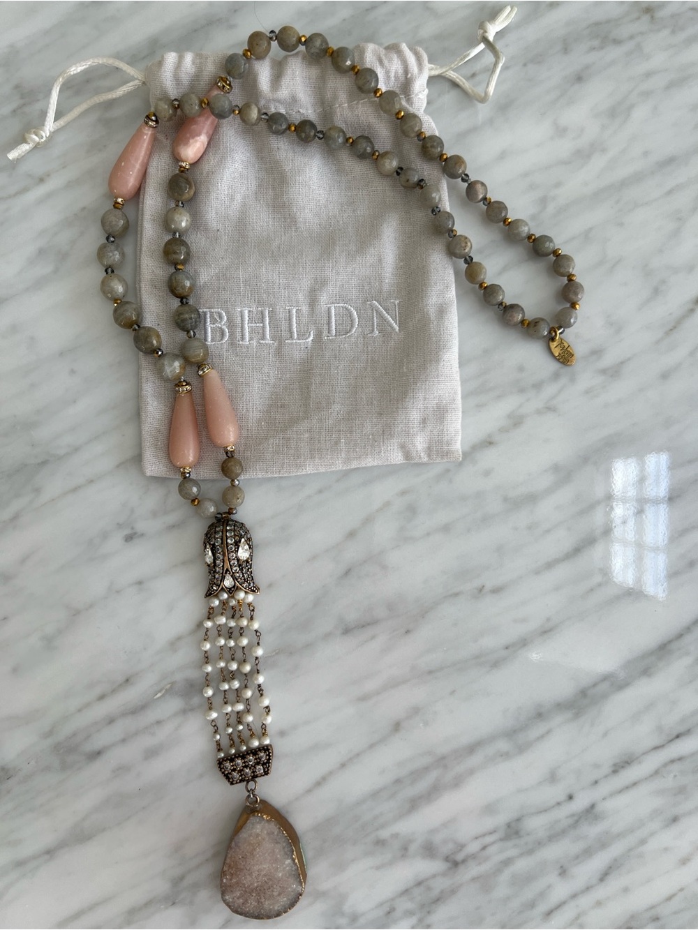 RARE ANTHROPOLOGIE BHLDN GRATZIA Pink & Gray Beaded Druzy Statement Necklace - Picture 3 of 8